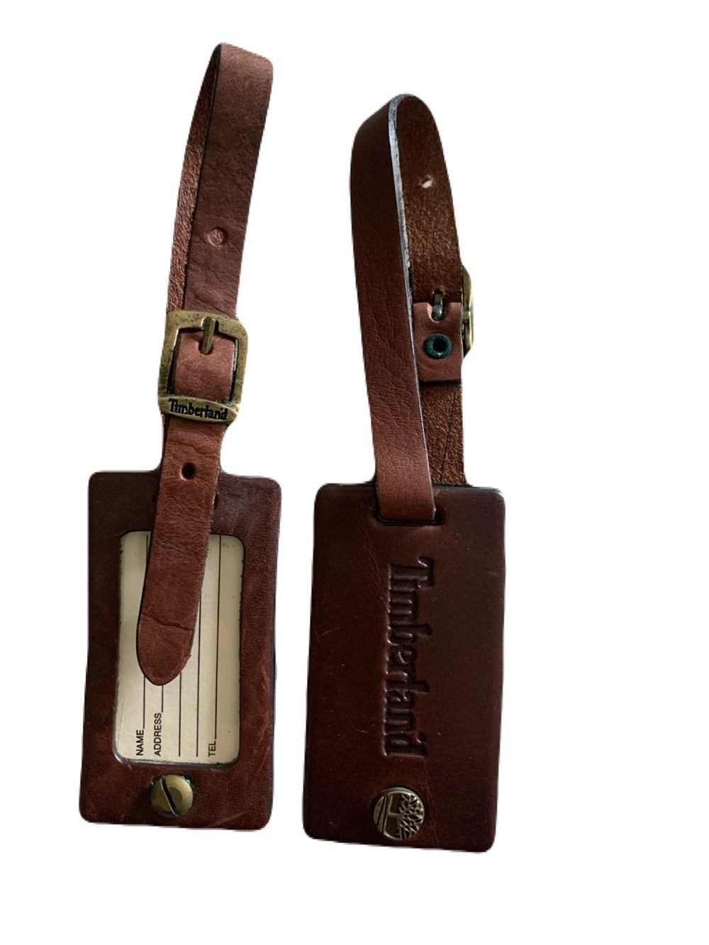 Vintage Timberland Brown Genuine Leather Luggage ID Tag Set Travel Vacation